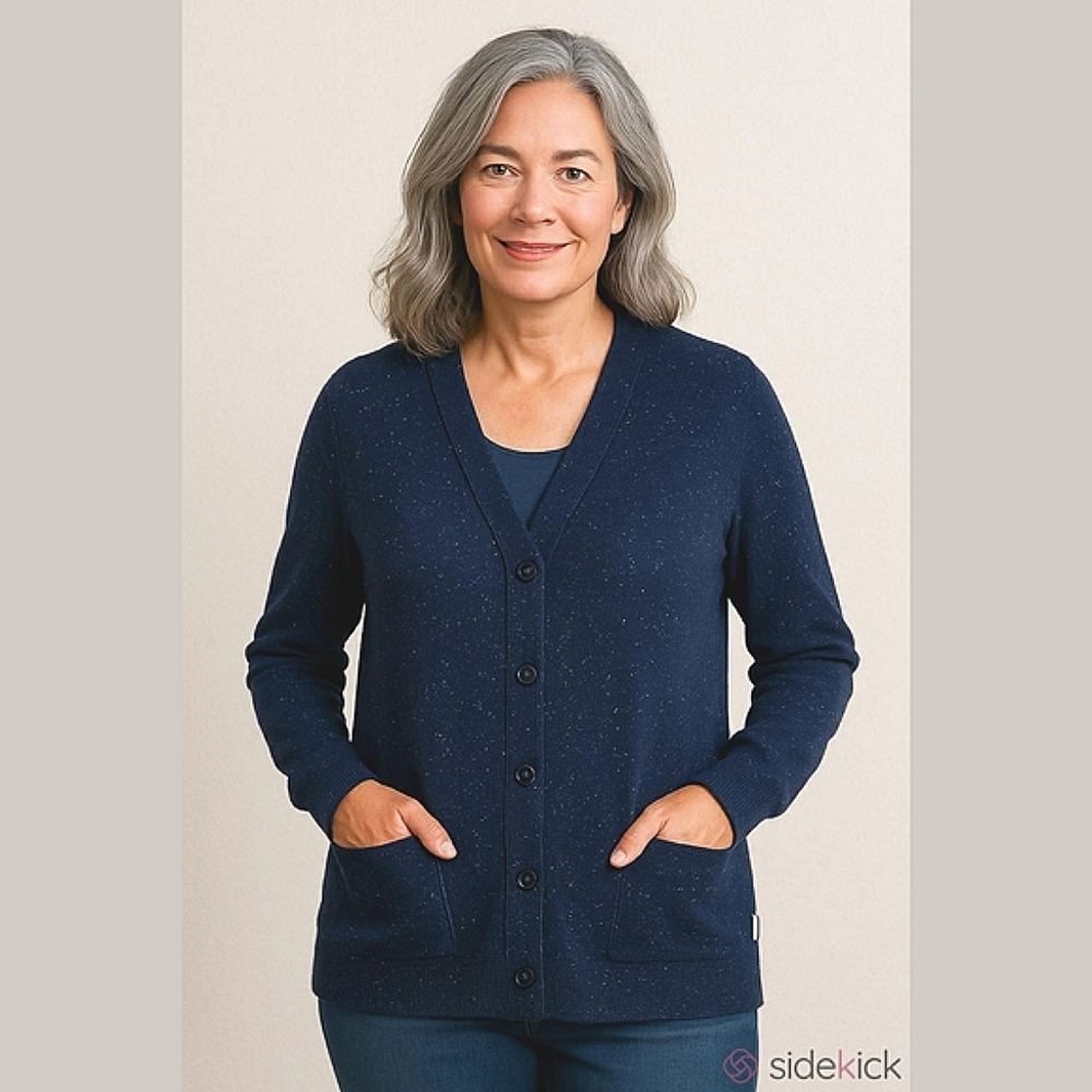 Anthropologie Koto Speckled Cardigan V-neck Button Front Navy XL